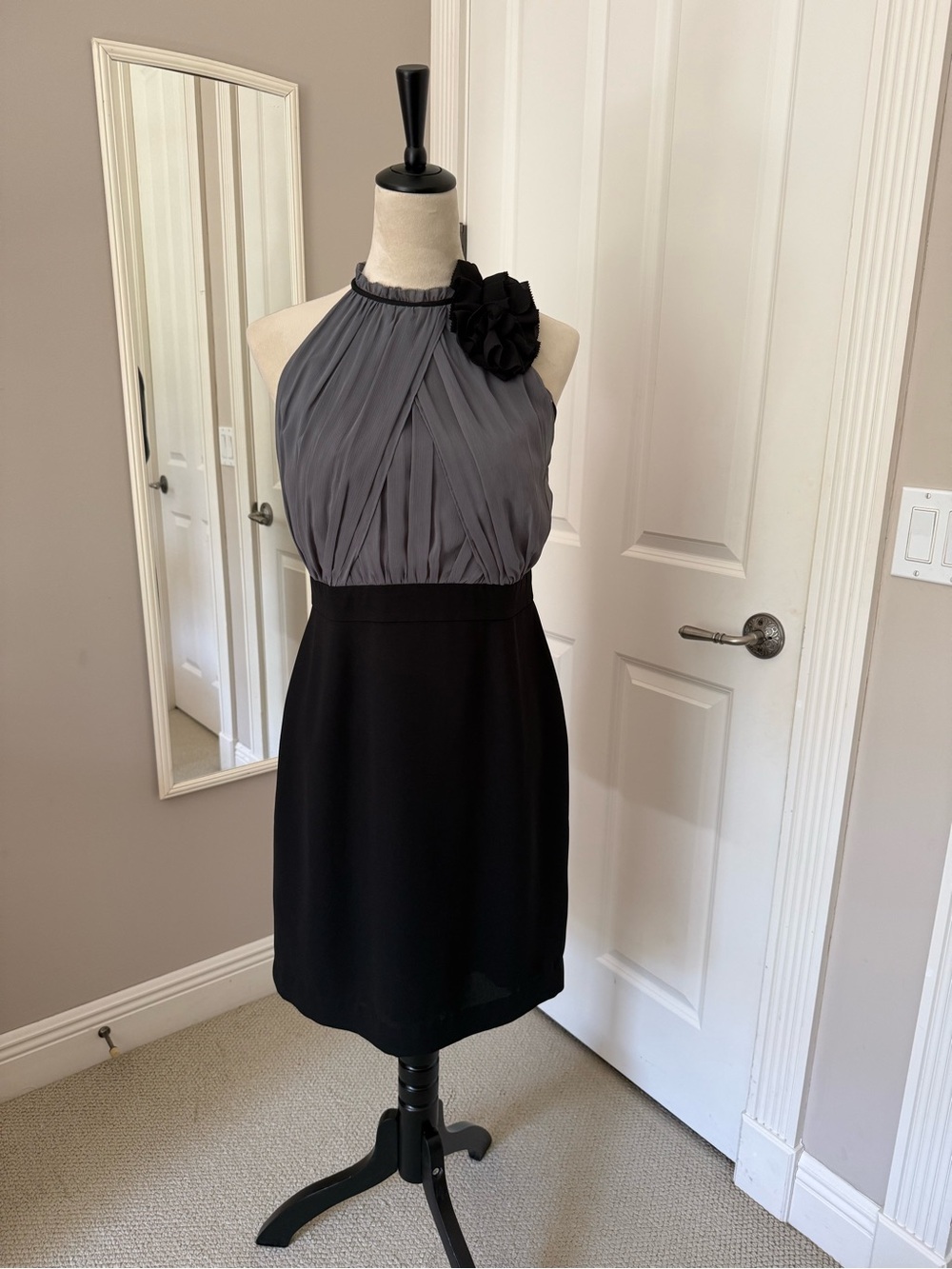 Ann Taylor Gray and Black Halter Cocktail Dress with Rosette